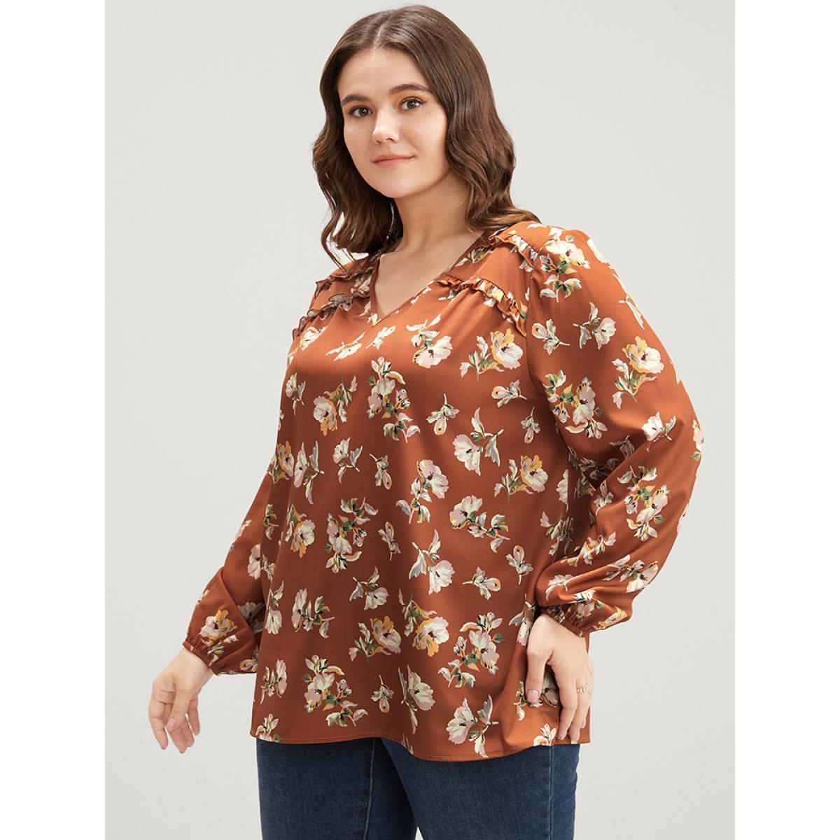 Plus Size Bronze Floral V Neck Ruffles Trim Lantern Sleeve Blouse Women Elegant Long Sleeve V-neck Dailywear Blouses BloomChic 10/M Product Image