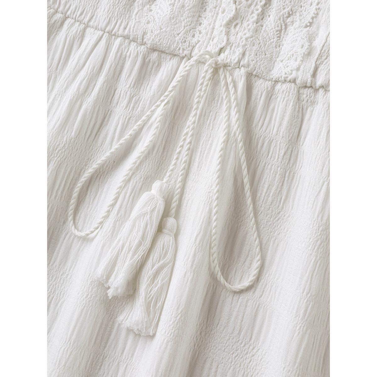 Plus Size Textured Lace Waist-Tie Midi Dress WhiteSmoke Women Tie knot Overlap Collar Elbow-length sleeve Curvy BloomChic 22-24/3X Product Image