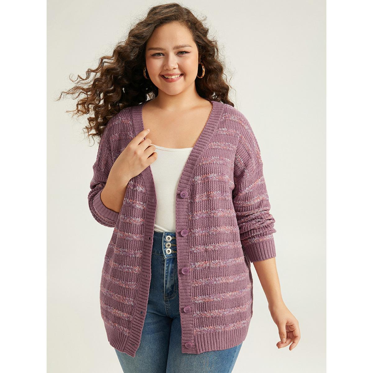 Plus Size Contrast Drop Shoulder Button Through Cardigan Mauve Women Casual Loose Long Sleeve Dailywear Cardigans BloomChic 18-20/2X Product Image