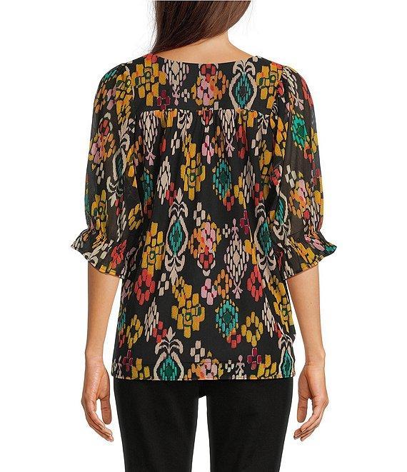 Calessa Petite Size Mesh Knit Abstract Ikat Print Square Neck Elbow Sleeve Tunic Product Image