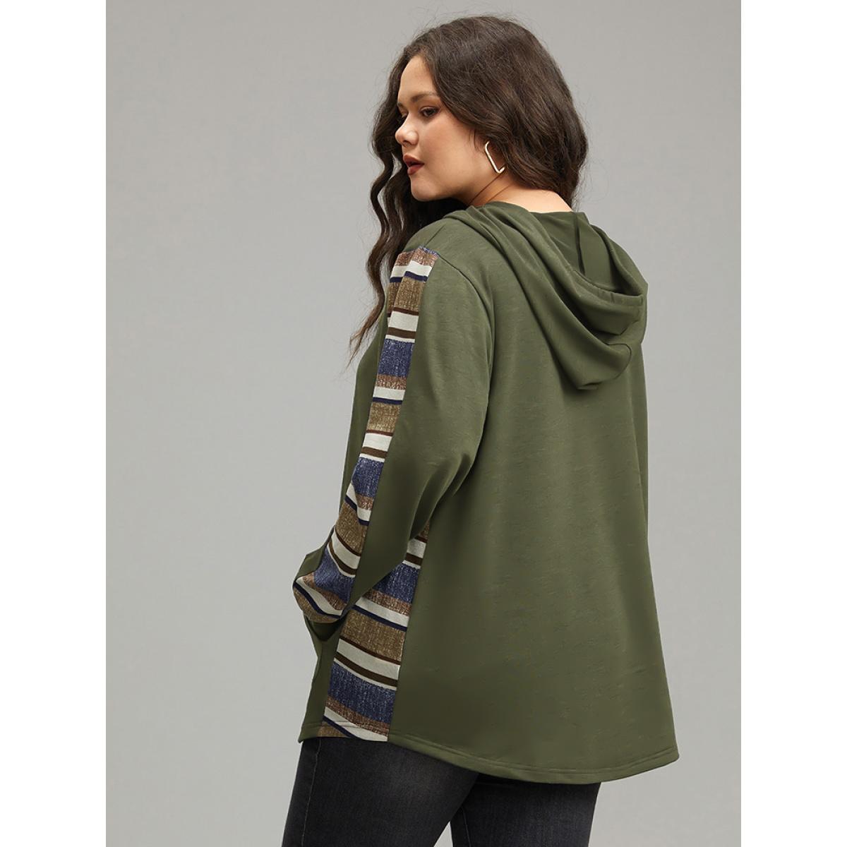 Plus Size Contrast Striped Hooded Ties Pocket Sweatshirt Women ArmyGreen Casual Contrast Hooded Dailywear Sweatshirts BloomChic 10/M Product Image