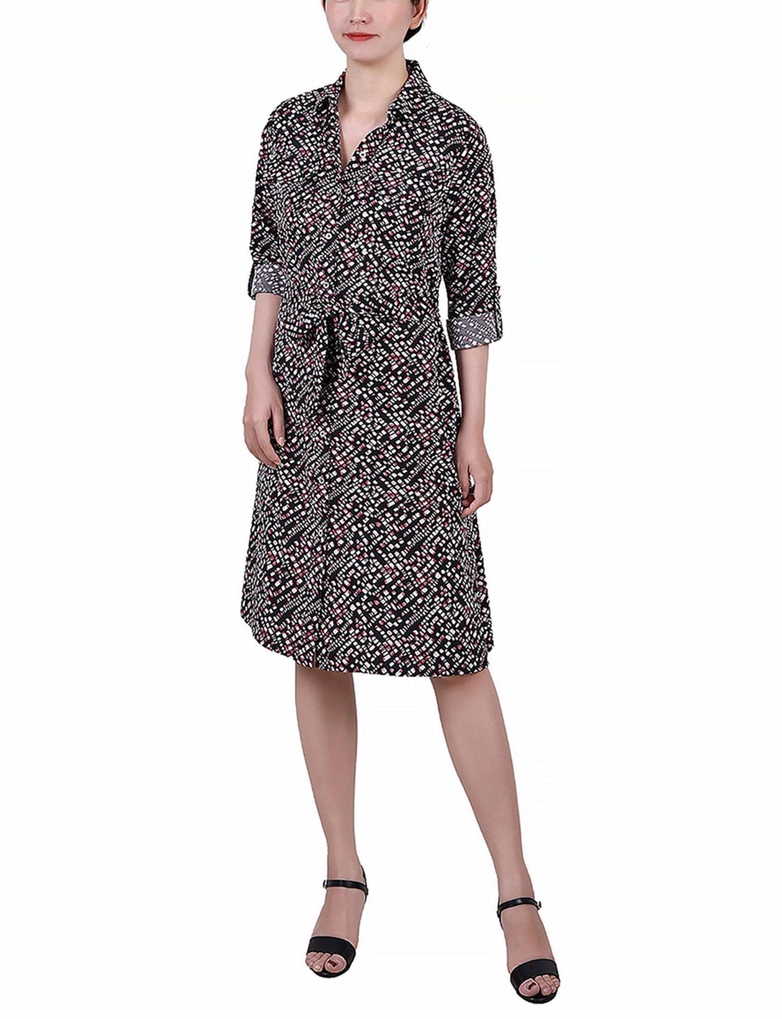 Cypress Inca Gold Navy Zigzag 3/4 Roll Tab Sleeve Belted Shirtdress - Petite Product Image