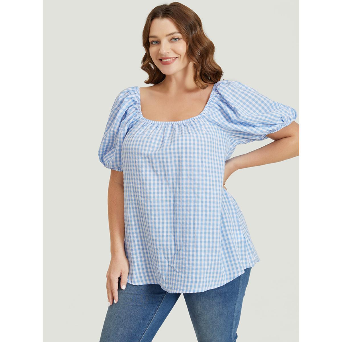 Plus Size LightBlue Gingham Print Square Neck Puff Sleeve Blouse Women Vacation Short sleeve Square Neck Dailywear Blouses BloomChic 22-24/3X Product Image