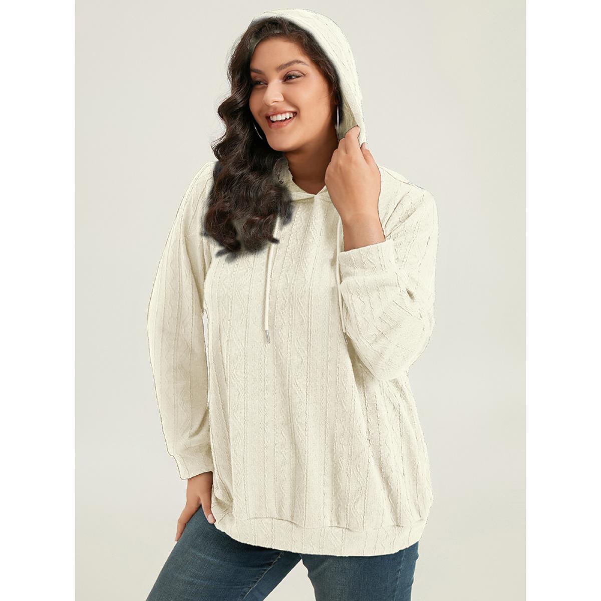 Plus Size Plain Textured Hooded Drawstring Sweatshirt Women White Casual Elastic cuffs Hooded Everyday Sweatshirts BloomChic 14-16/1X Product Image