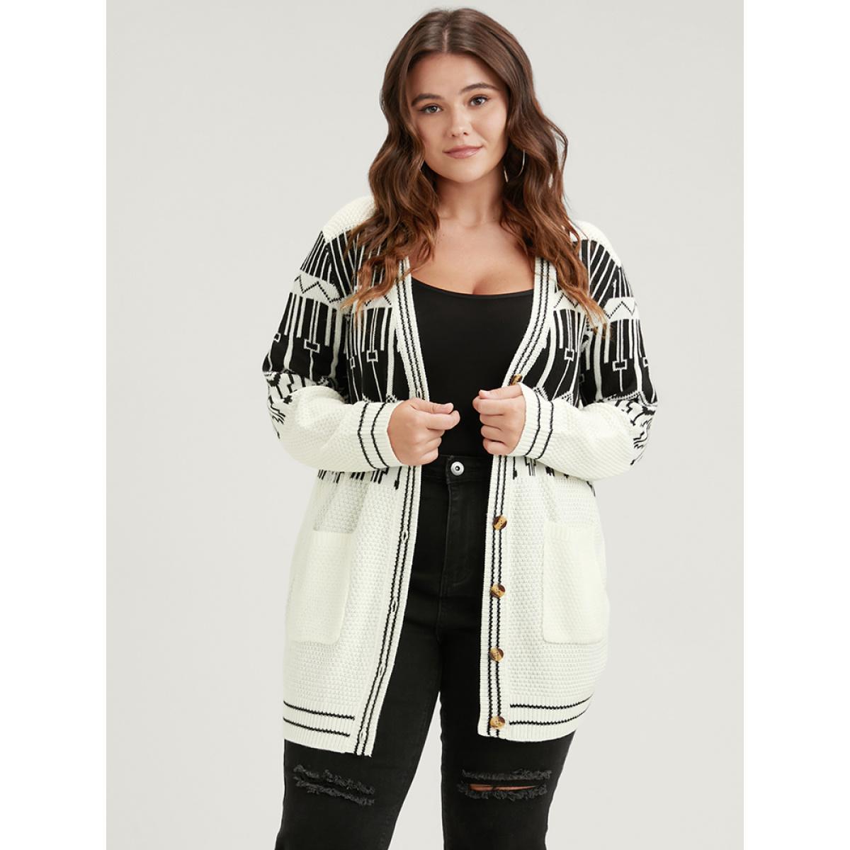 Plus Size Geometric Knitted Jacquard Contrast Pocket Button Front Cardigan White Women Elegant Loose Long Sleeve Dailywear Cardigans BloomChic 22-24/3X Product Image