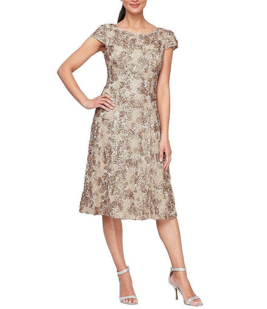 Alex Evenings Floral Rosette Illusion Round Neck Cap Sleeve A-Line Midi Dress Product Image