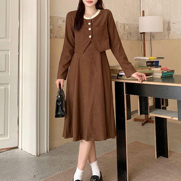 Set: Spaghetti Strap Plain Corduroy Midi A-Line Dress + Round Neck Contrast Trim Button Jacket Product Image