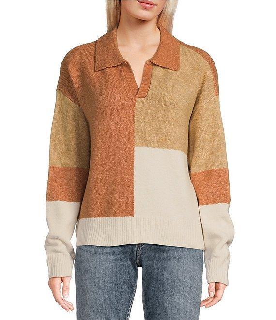 Takara Color Block Split V-Neck Collared Long Sleeve Pullover Sweater Product Image