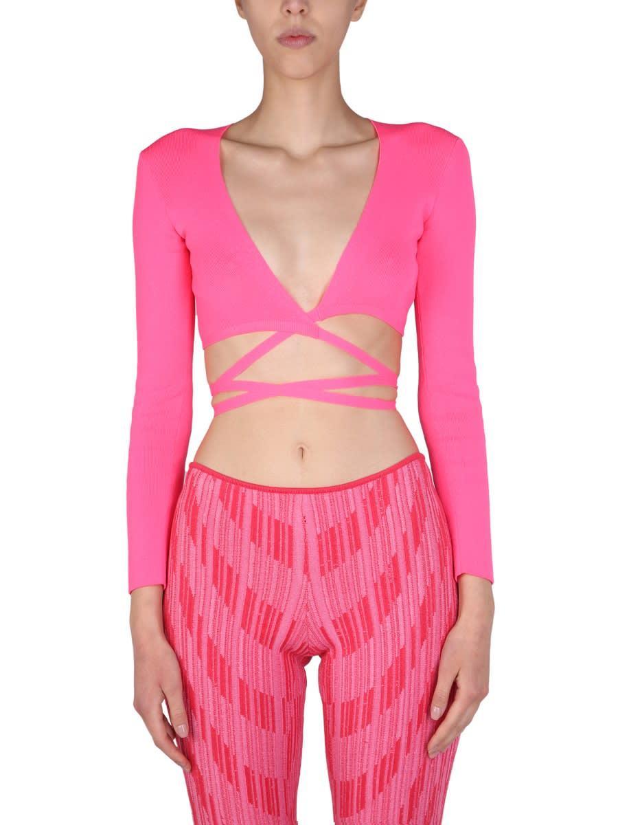 MSGM Lace-up Cropped Top In Fluo Pink Product Image