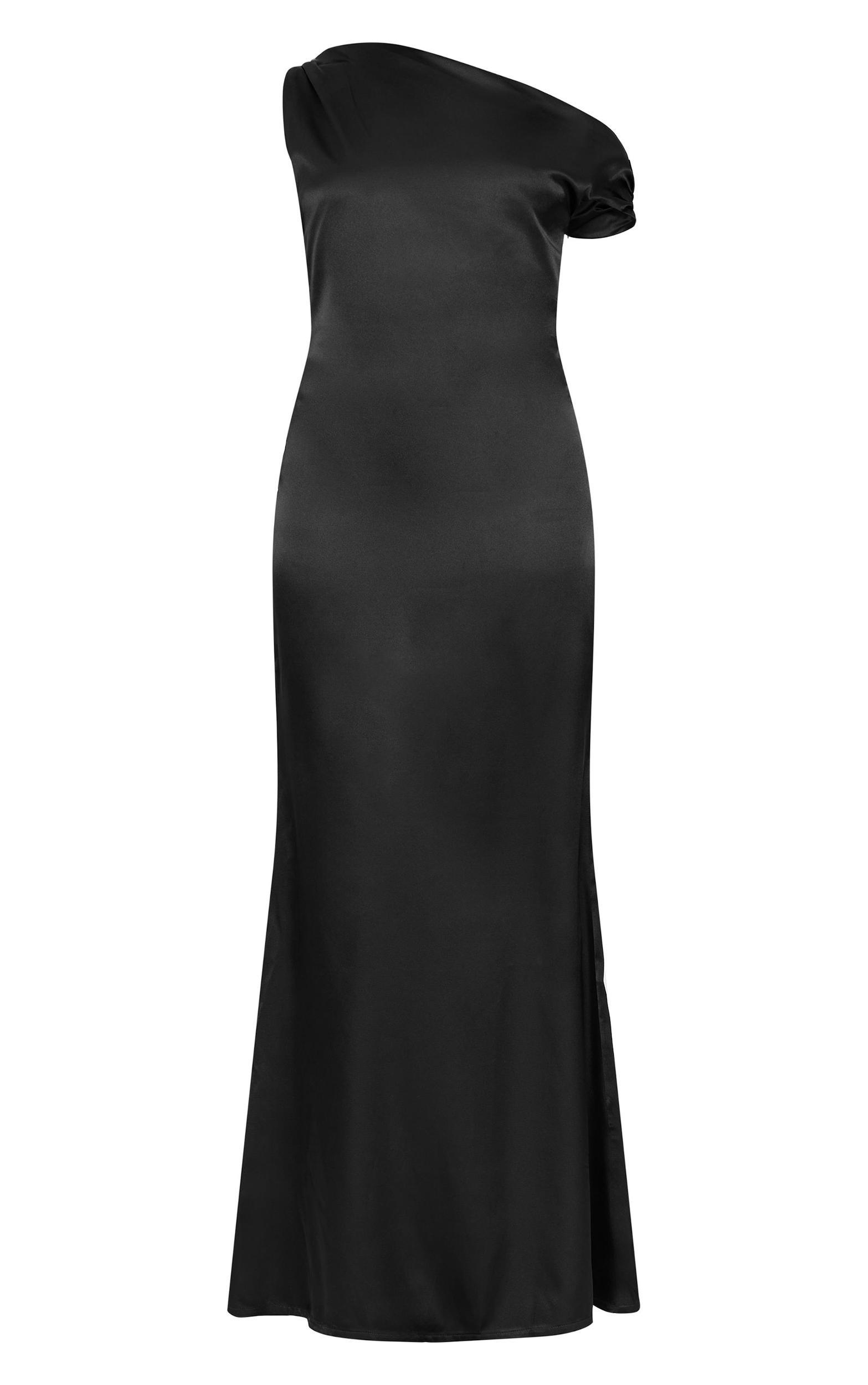 Black Satin Asymmetric Sleeveless Maxi Dress Product Image