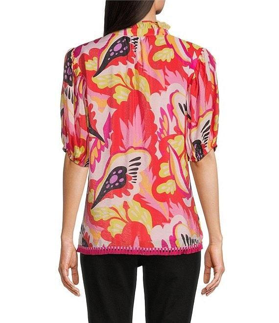Calessa Modern Abstract Print Ruffled Split V-Neck Short Sleeve Tunic Product Image