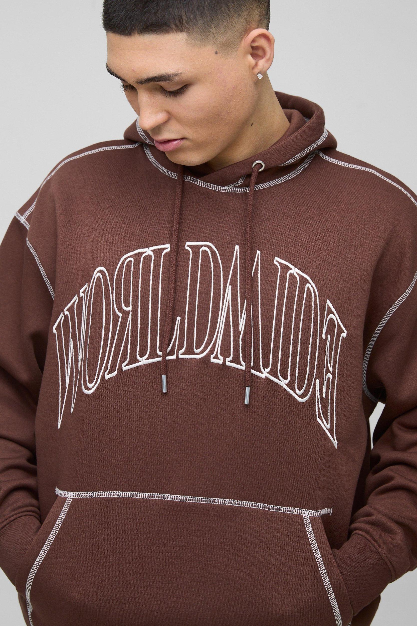 Oversized Worldwide Contrast Stitch Hoodie | boohooMAN USA Product Image