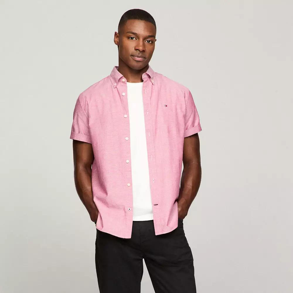 Men's Tommy Hilfiger Short Sleeve Original Stretch Oxford Shirt, Size: XL, Royal Pink Solid Product Image