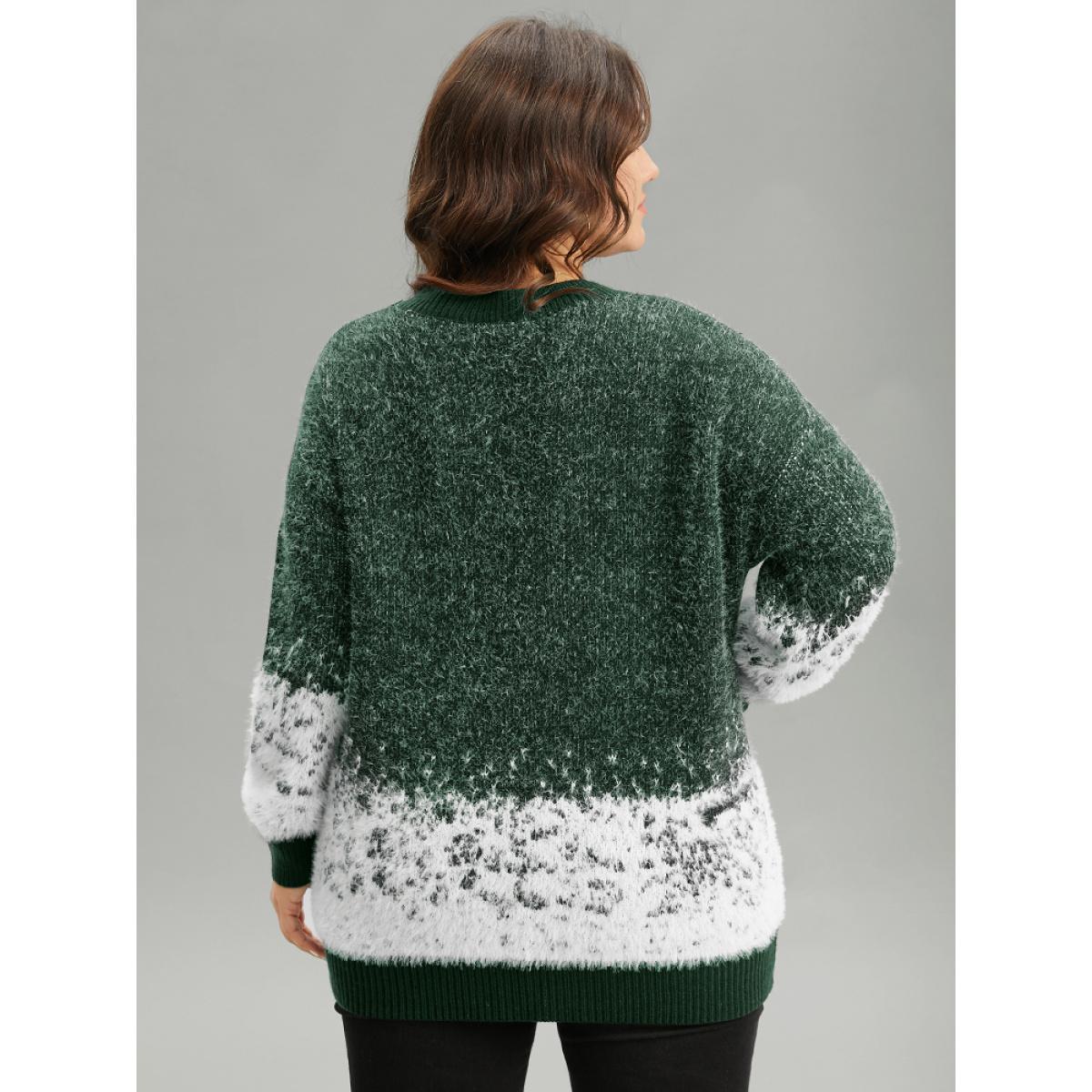 Plus Size Fuzzy Snowflake Elastic Cuffs Pullover DarkGreen Women Casual Loose Long Sleeve Round Neck Festival-Halloween Pullovers BloomChic 12/L Product Image