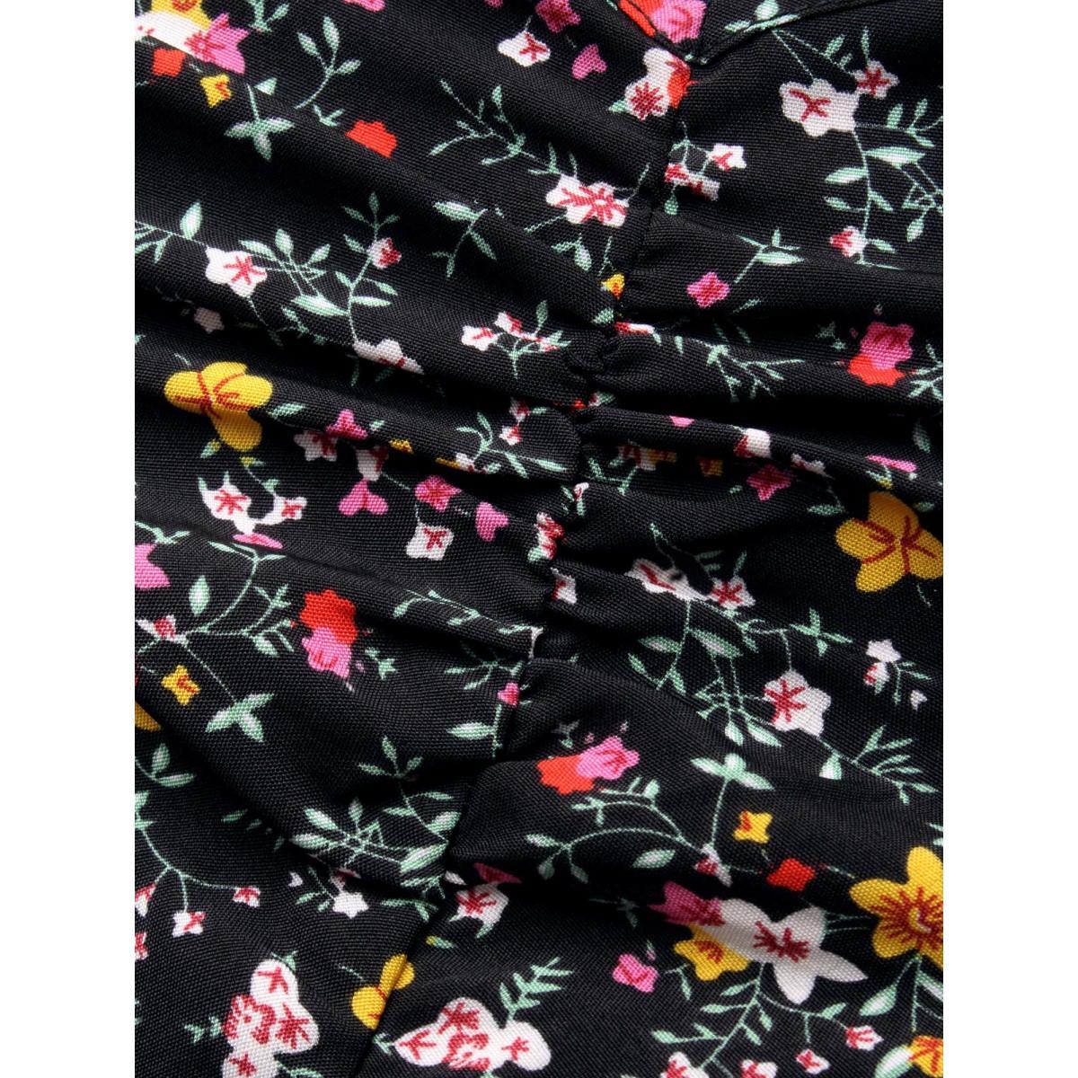 Plus Size Black Ditsy Floral Heart Neckline Gathered Blouse Women Elegant Long Sleeve Heart neckline Everyday Blouses BloomChic 14-16/1X Product Image