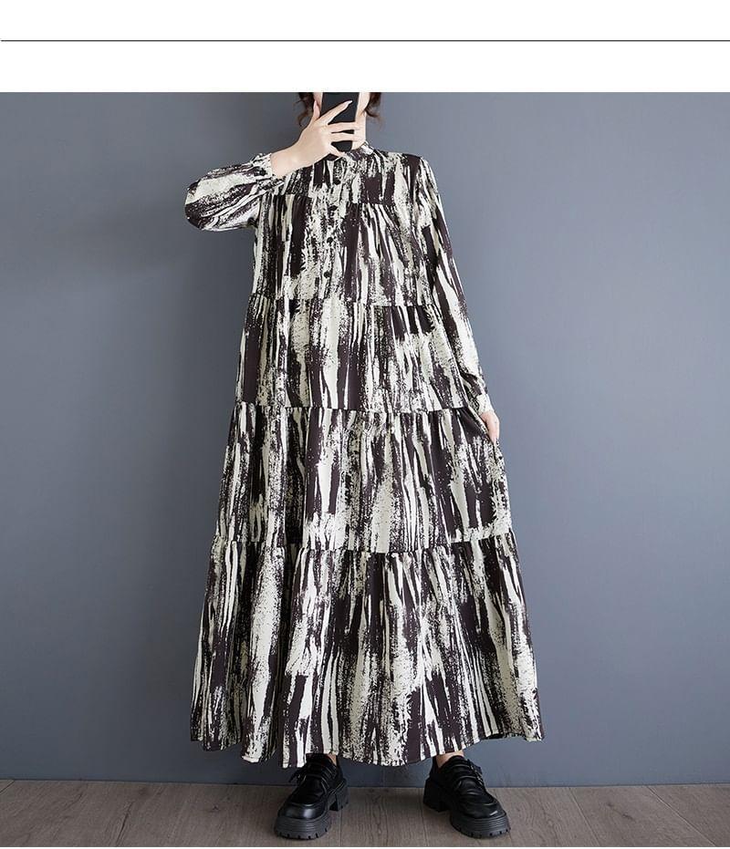 Long-Sleeve Band Collar Tie Dye Tiered Midi A-Line Dress Product Image