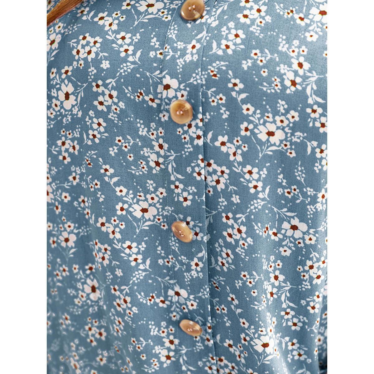 Plus Size Stone Ditsy Floral Contrast Ruffle Sleeve Button Detail Blouse Women Elegant Short sleeve Non Everyday Blouses BloomChic 22-24/3X Product Image