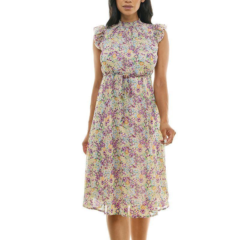 Womens Nina Leonard Smocked Flutter Sleeve Print Dress Product Image