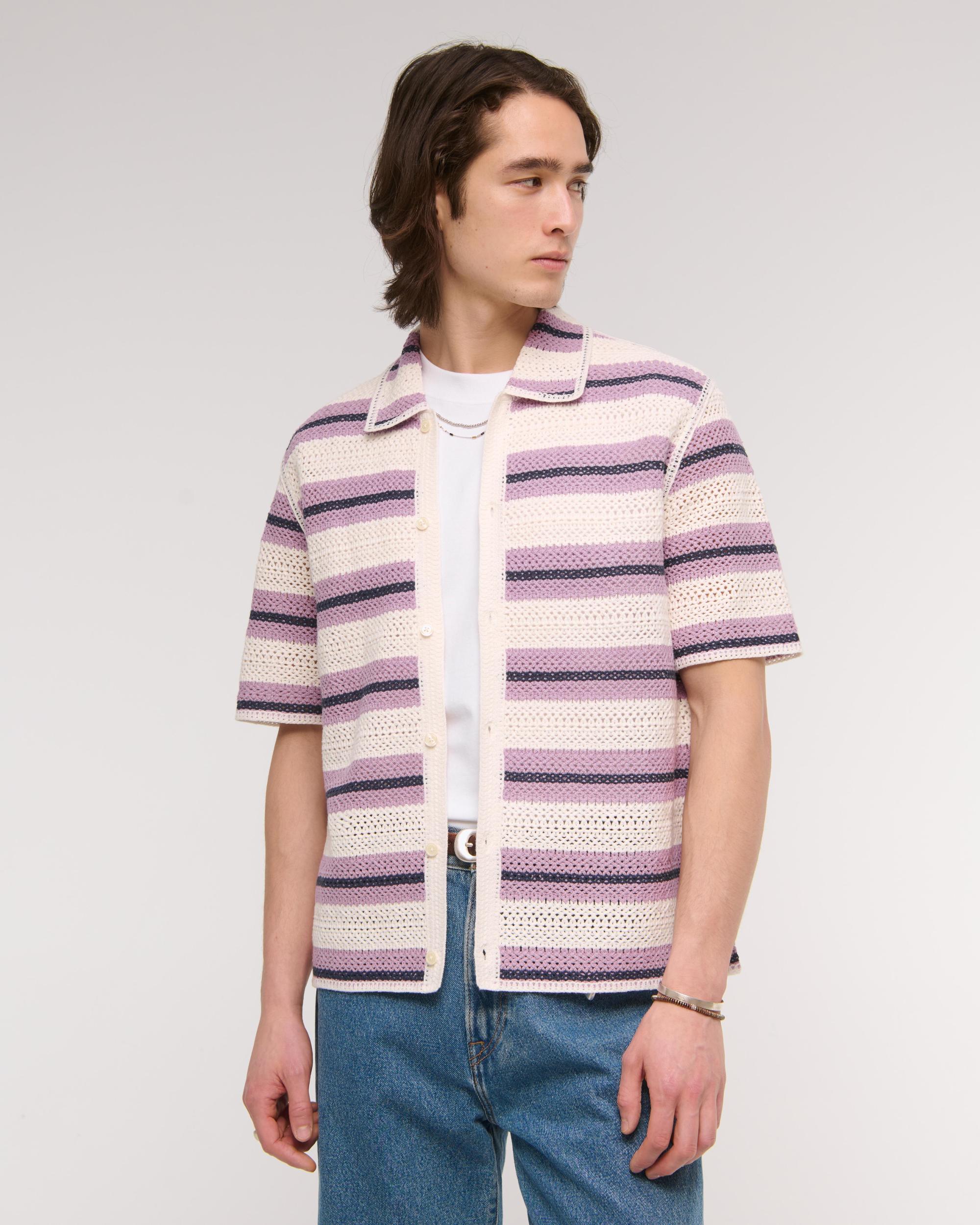 Crochet-Style Striped Button-Through Sweater Polo Product Image