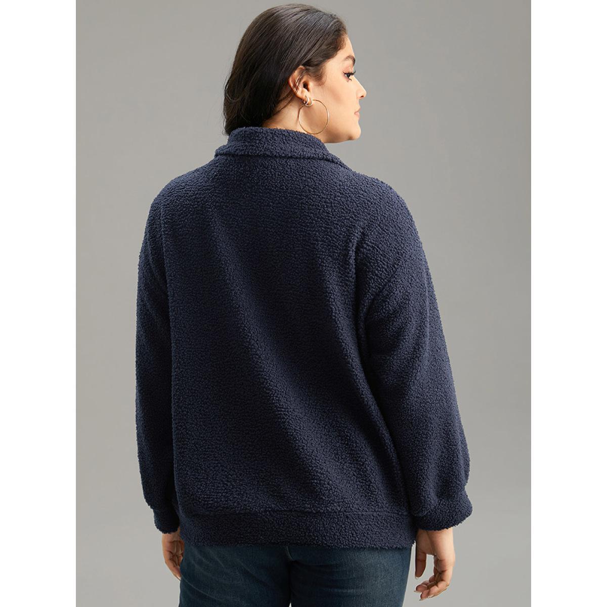 Plus Size Solid Zipper Pocket Teddy Jacket Women DarkBlue Casual Plain Ladies Dailywear Winter Coats BloomChic 12/L Product Image
