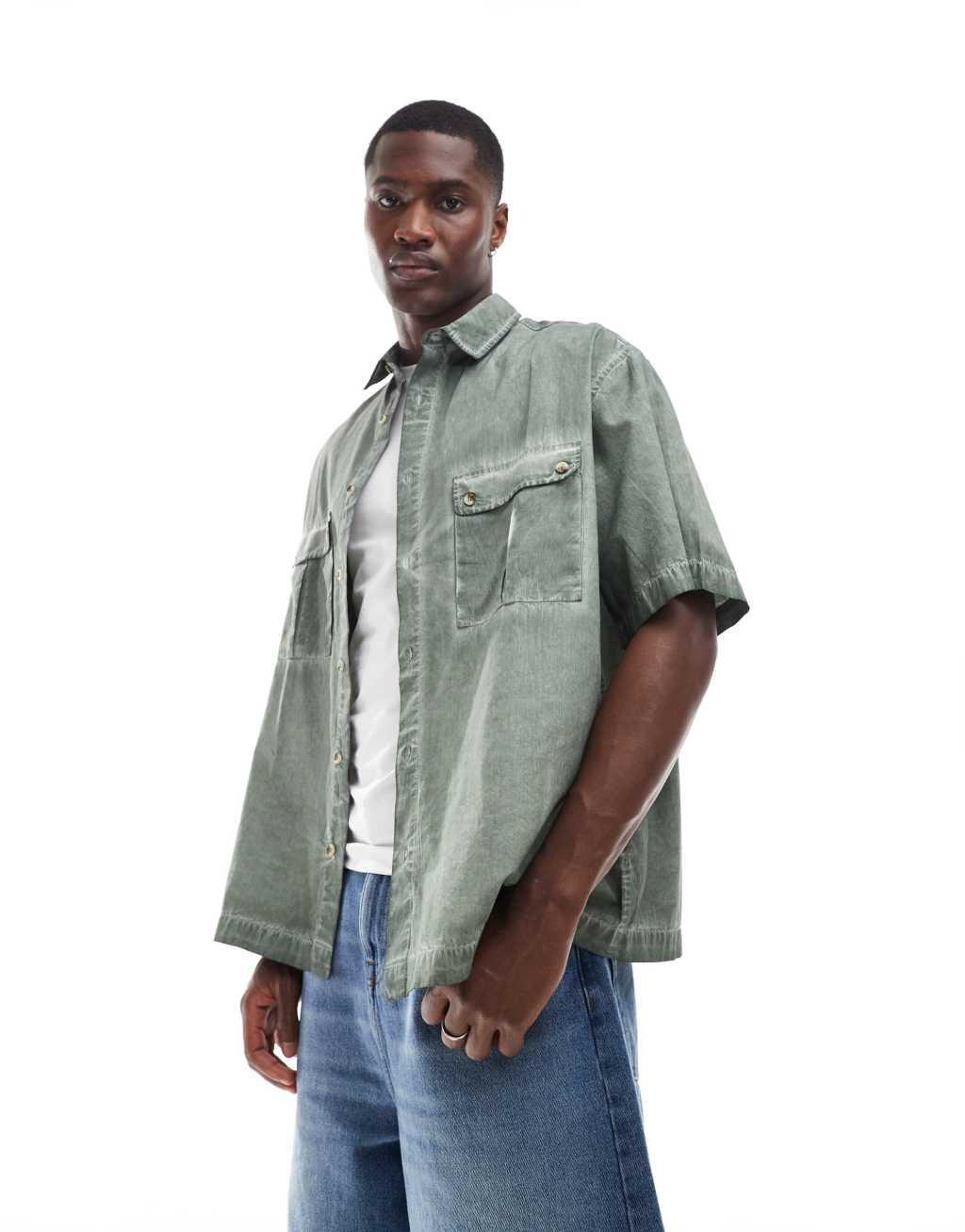 ASOS DESIGN oversized washed cargo shirt in green Product Image