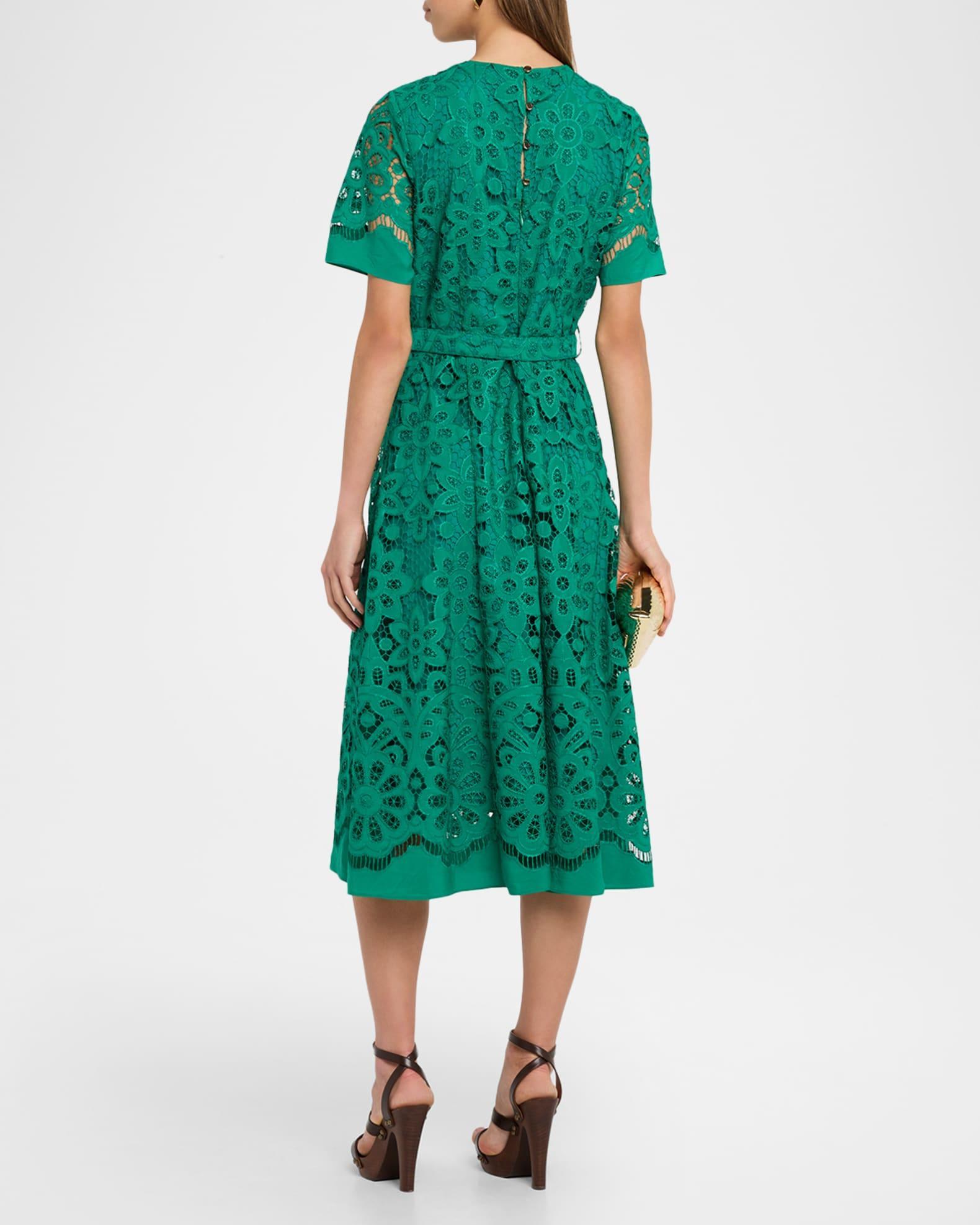 The Gaia Belted Floral Lace Midi Dress Product Image