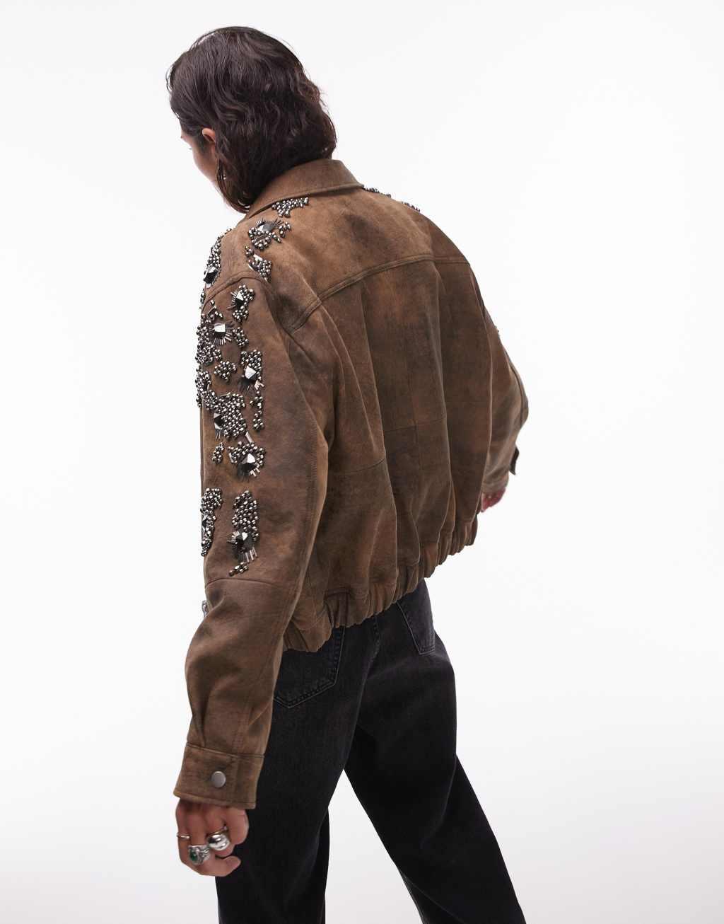 Topshop Premium real leather embellished bomber jacket in brown Product Image