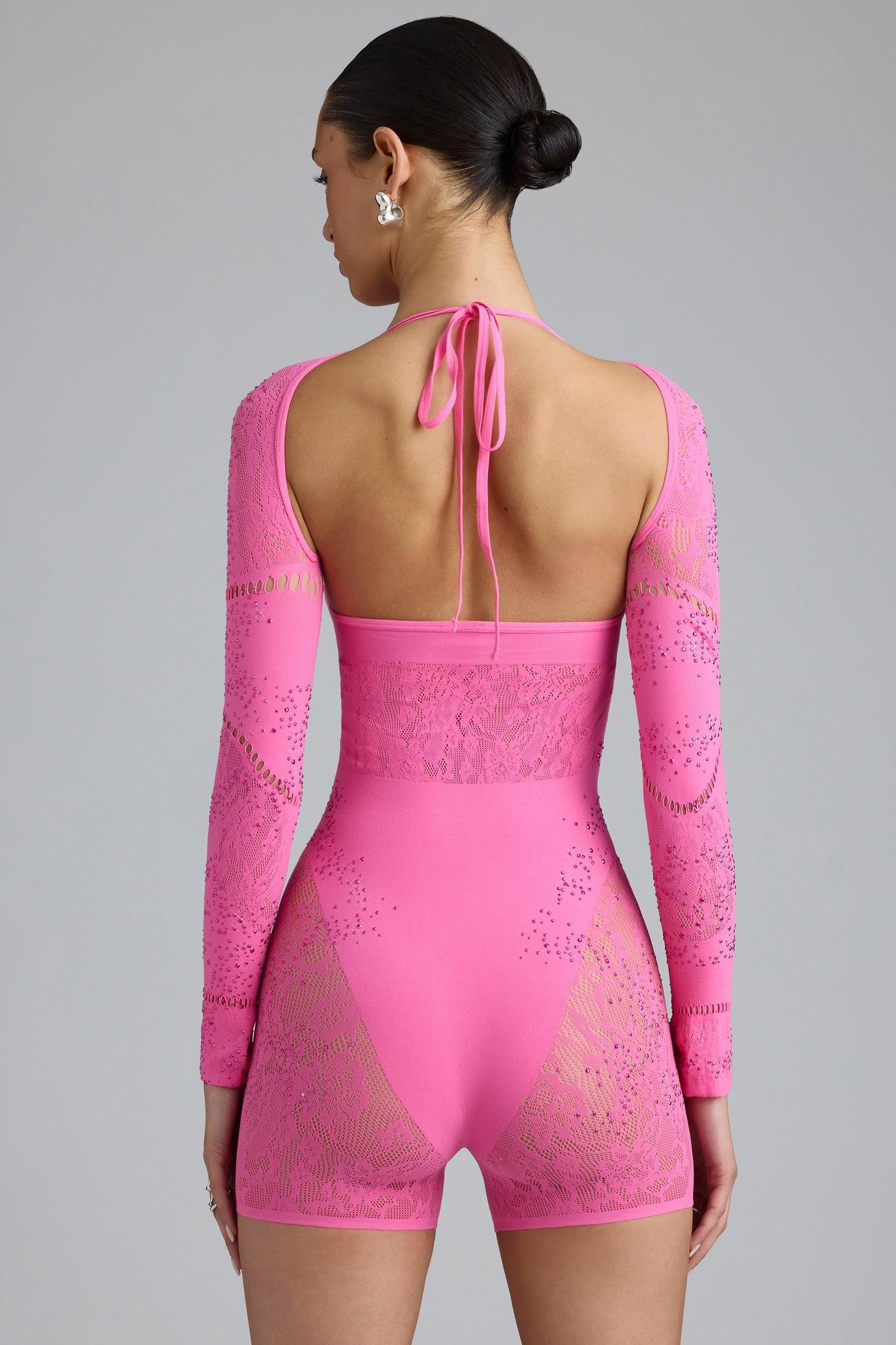 Embellished Cut-Out Unitard in Bubblegum Pink Product Image