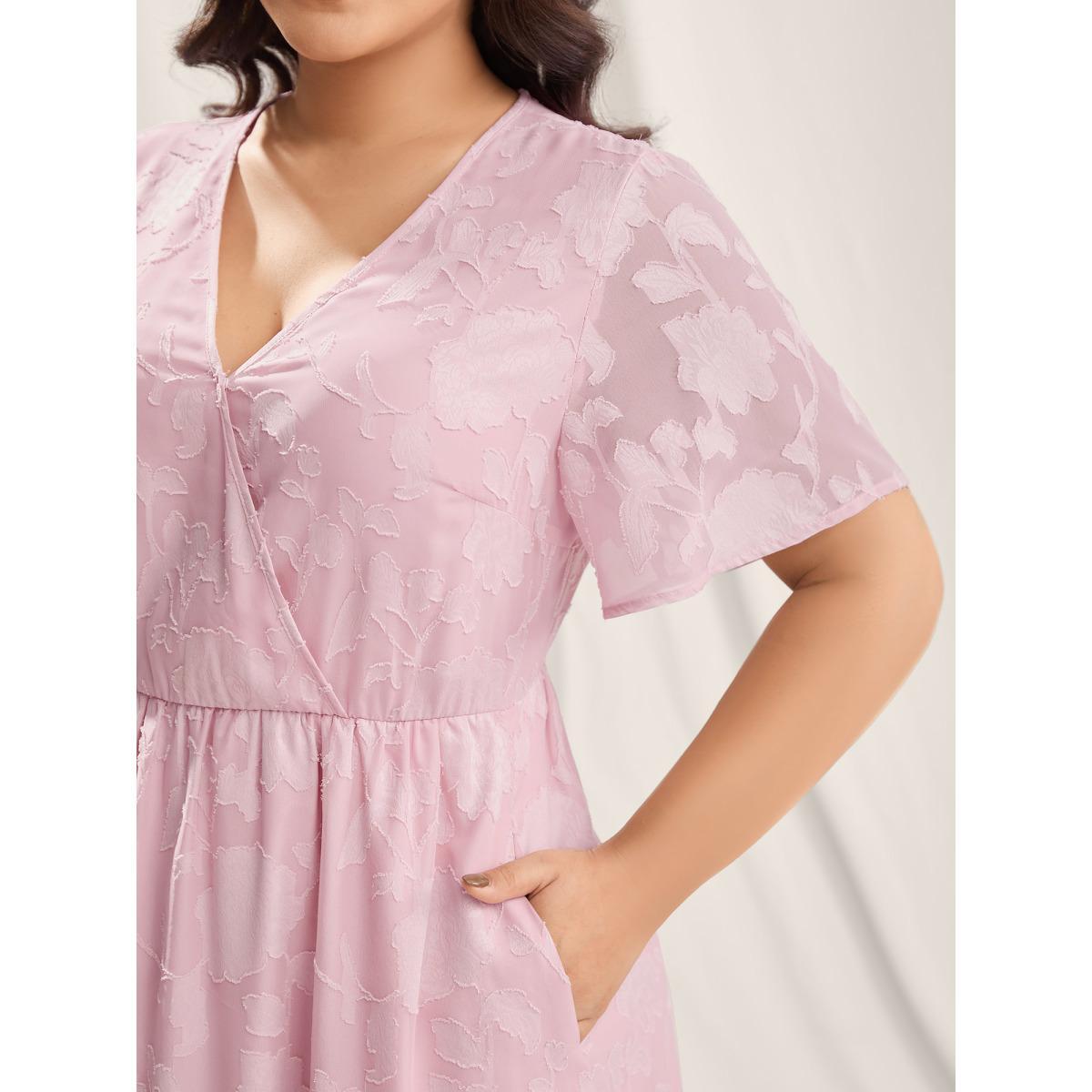 Plus Size Floral Textured Pockets Tiered Maxi Dress Lilac Women Overlap Collar Short sleeve Curvy BloomChic 10/M Product Image