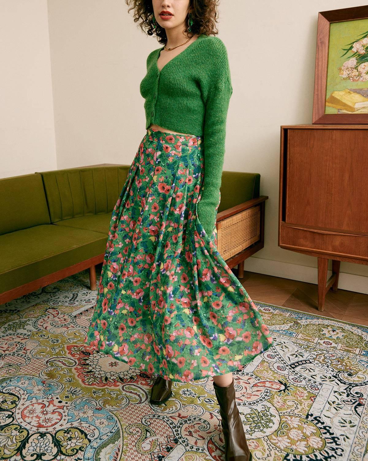 The Green Pleated Floral Skirt Female Product Image