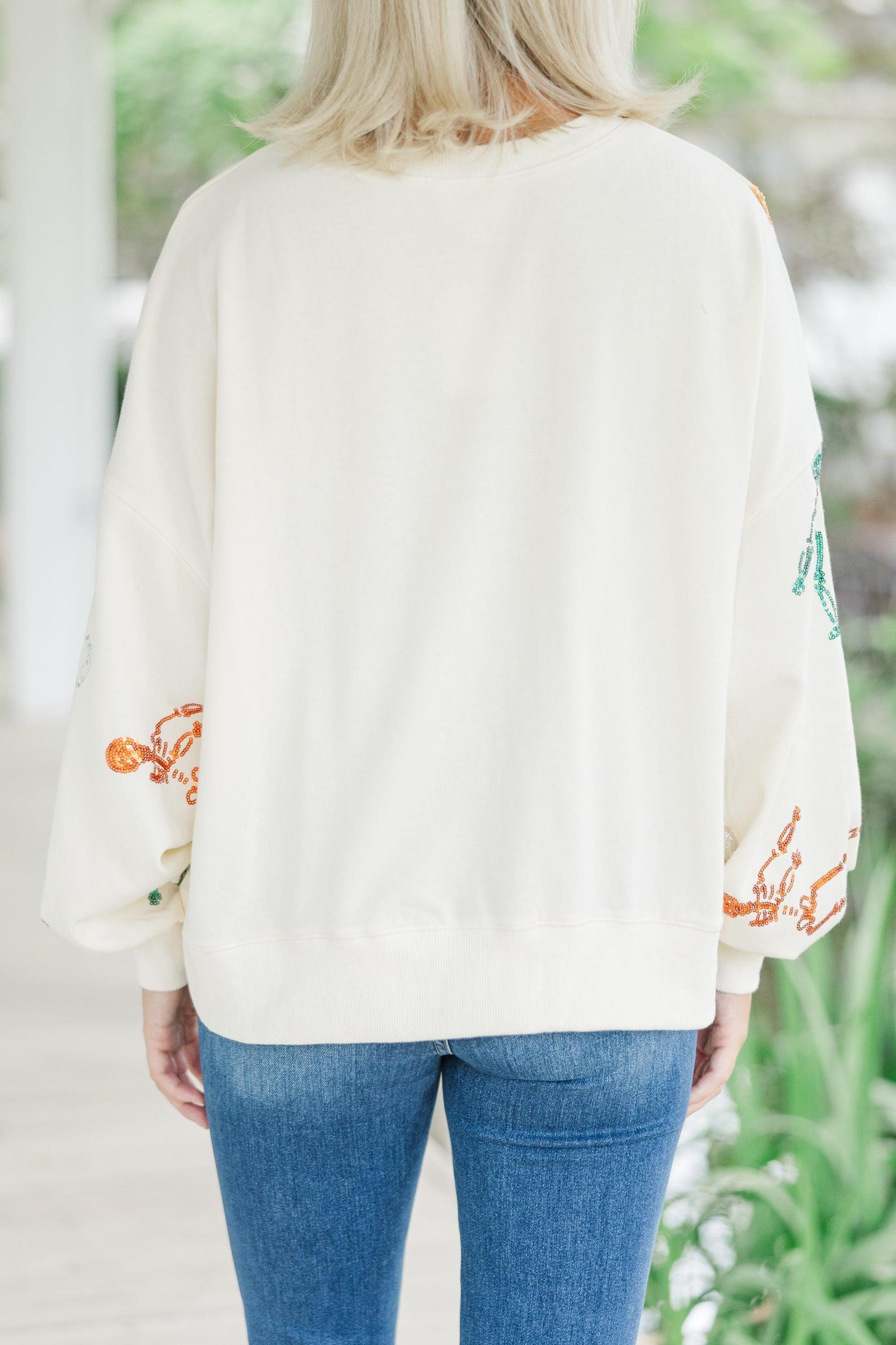 Skeleton Dance Cream White Sequin Pullover Female Product Image