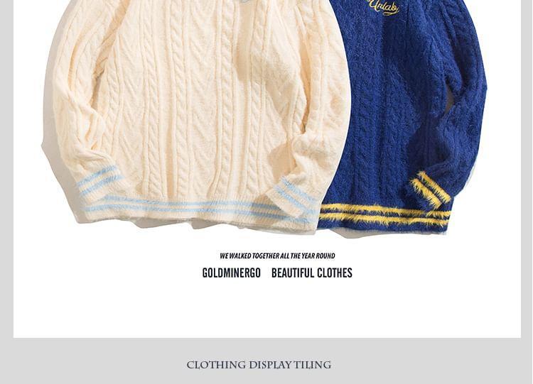 Half Buttoned High Neck Cable Knit Sweater Product Image