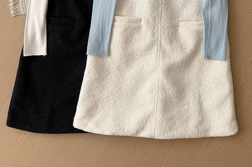 Set: Long-Sleeve Mock Neck Plain T-Shirt + Plain Mini Pinafore Dress Product Image