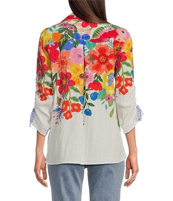 John Mark Petite Size Floral Point Collar 3/4 Cinched Tie Sleeve Top Product Image