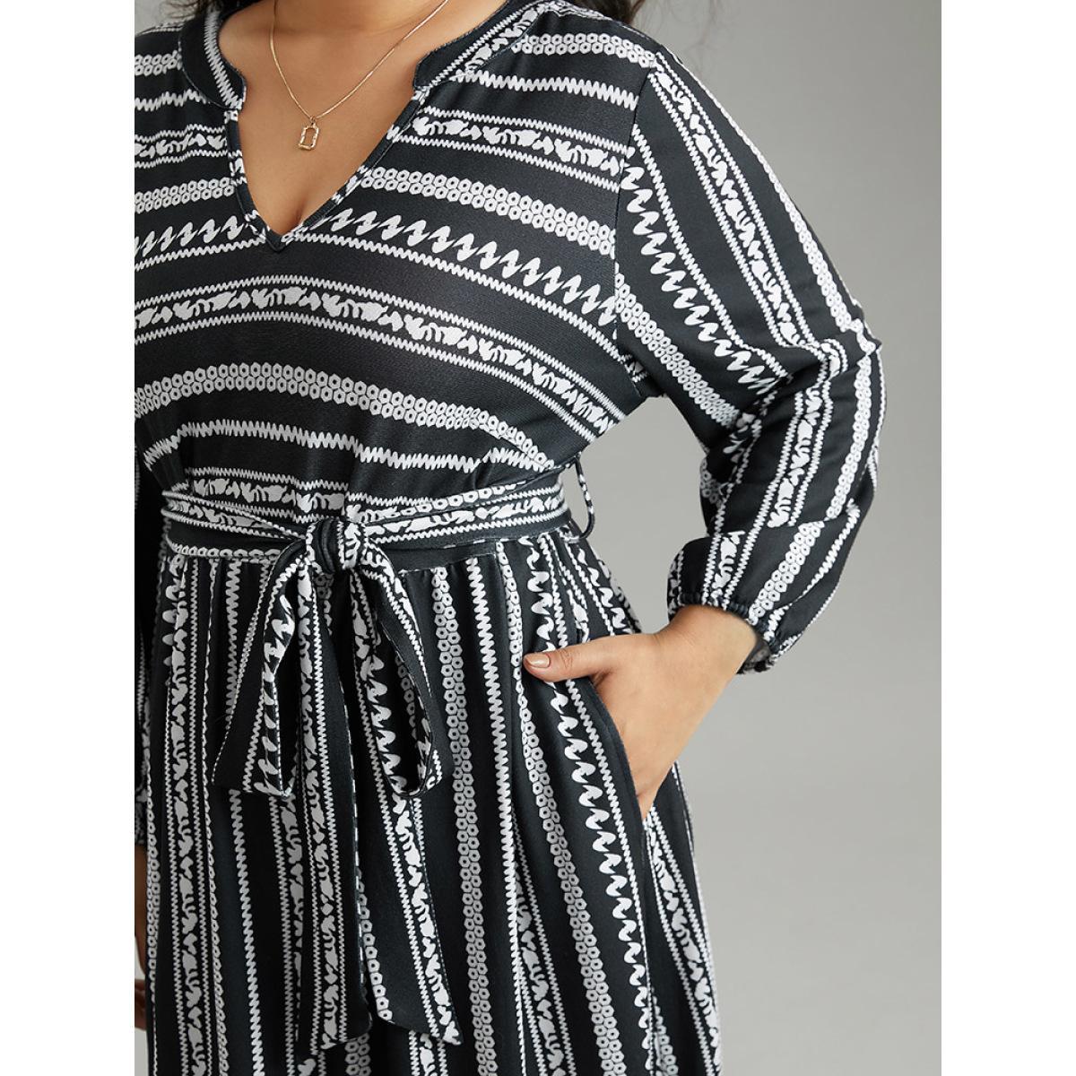 Plus Size Striped Notched Belted Lantern Sleeve Dress Black Women Casual Elastic cuffs Notched collar Long Sleeve Curvy Midi Dress BloomChic 14-16/1X Product Image