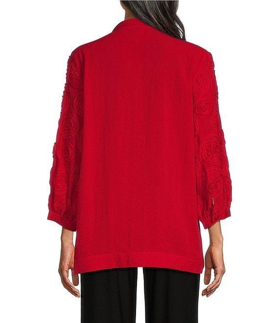 John Mark Woven Wire Collar 3/4 Sleeve Embroidery Pop Up Floral Detail Button Front Blouse Product Image