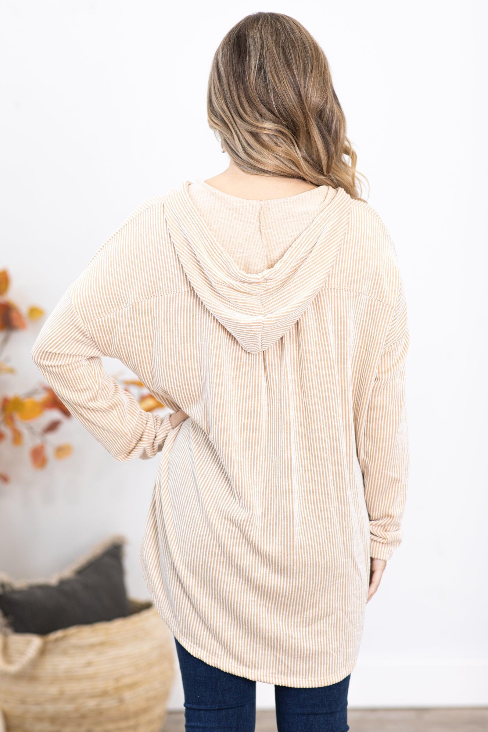 Tan Ribbed Hooded Button Up Top Product Image