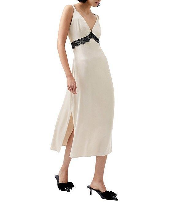 French Connection Ennis Satin V-Neck Sleeveless Lace Midi Dress Product Image