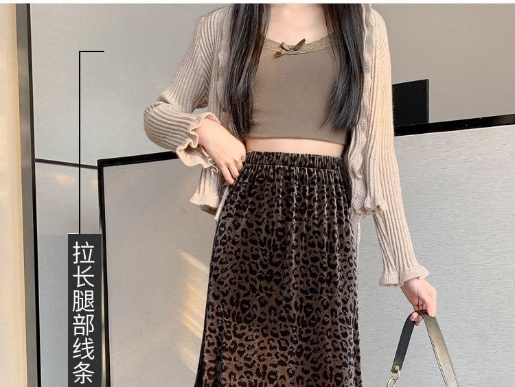 Elastic Waist Leopard Maxi A-Line Skirt Product Image