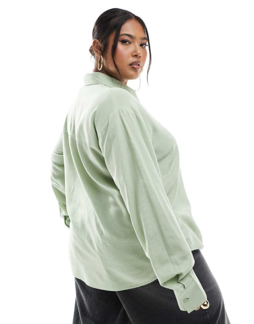 ASOS DESIGN Curve linen blend shirt in khaki Product Image