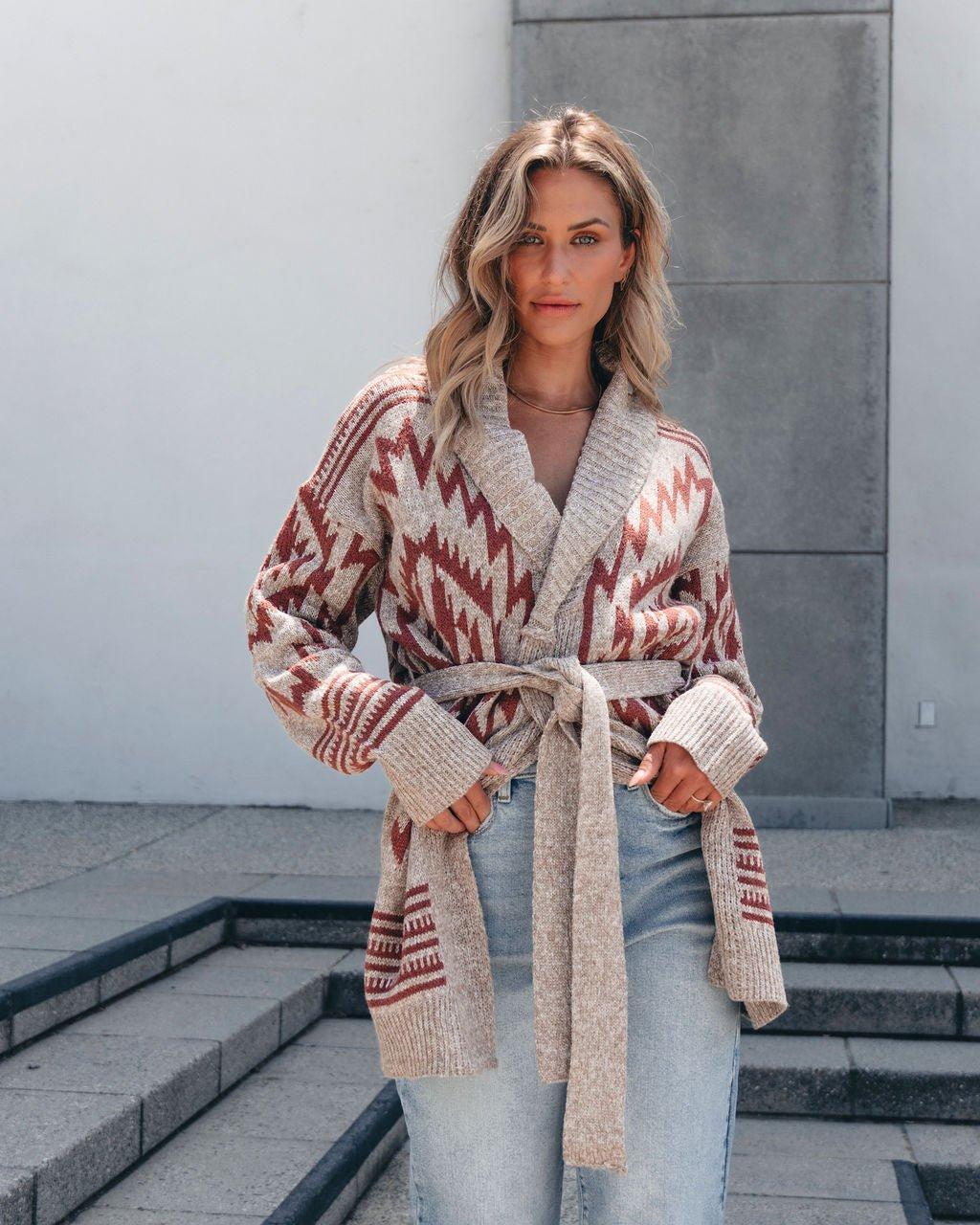 Taupe Aztec Belted Cardigan Female Product Image