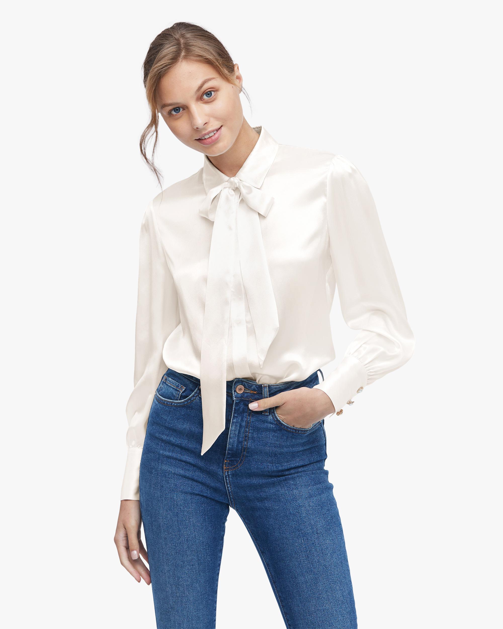 LILYSILK Business White Bow Blouse | Silk | Silk for Women Quality Silk Pearl Buttons On Sleeves Designed By Mel In Melbourne M Product Image