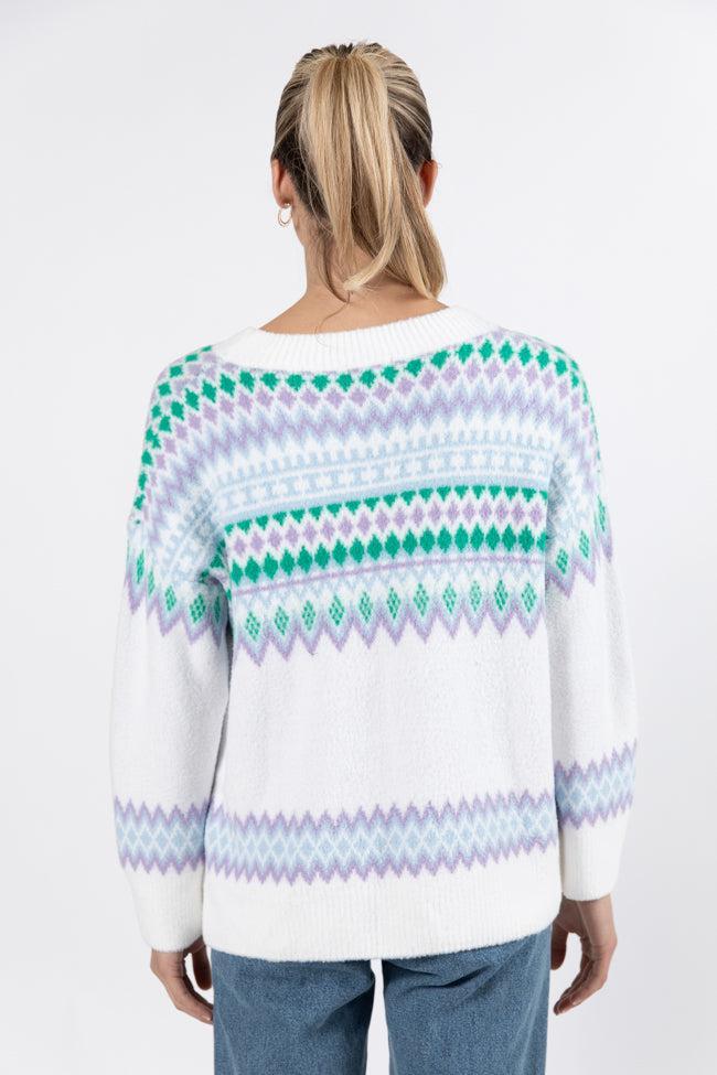 Bundled Up Ivory and Green Multi Oversized Fuzzy Fair Isle Sweater FINAL SALE Product Image