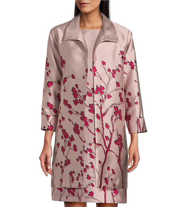 Caroline Rose Cherry Blossom Print Satin Jacquard Notch Collar 3/4 Sleeve Open-Front Statement Jacket Product Image