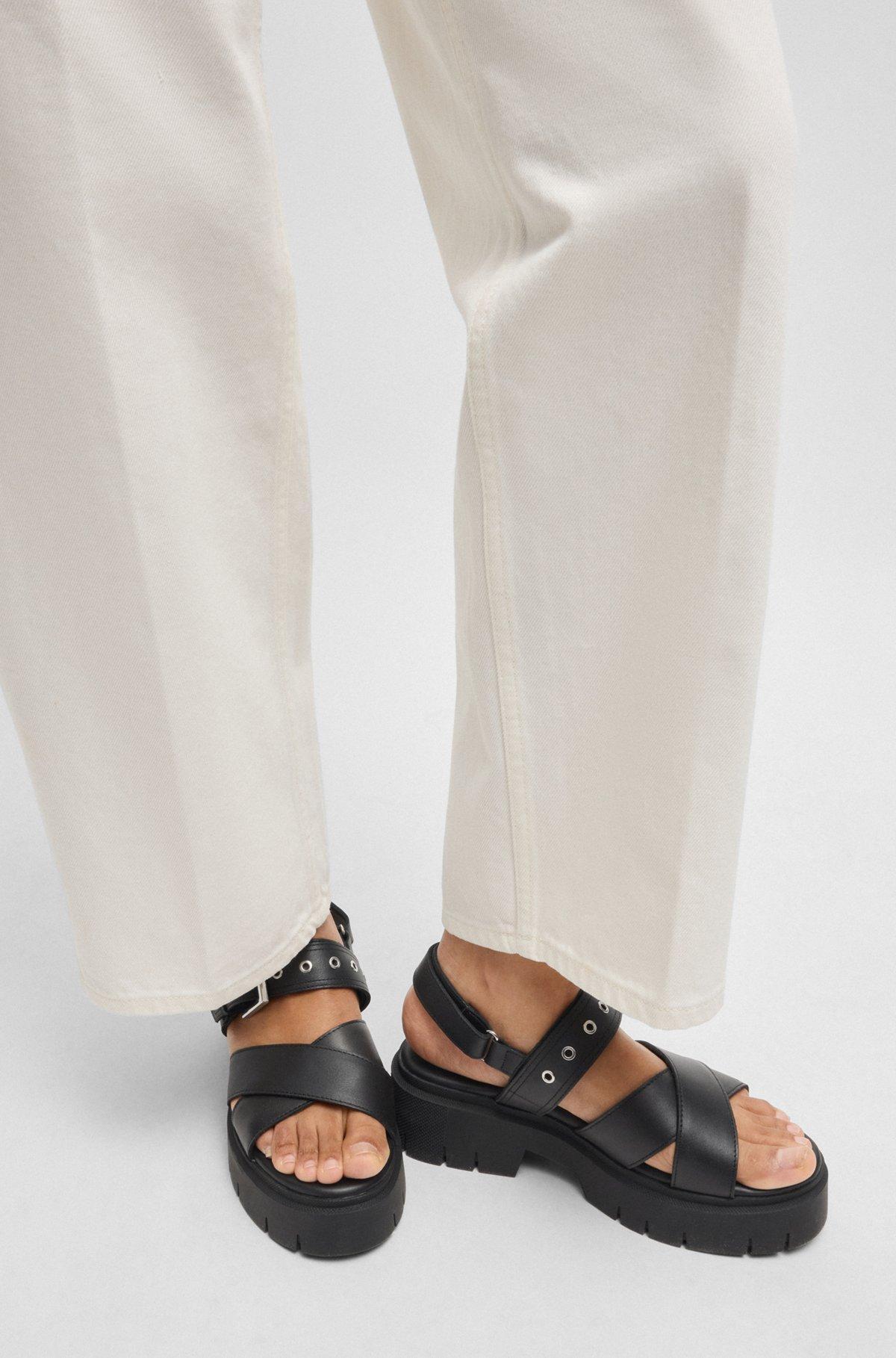 HUGO - Leather sandals with buckled strap and chunky sole - Black Product Image