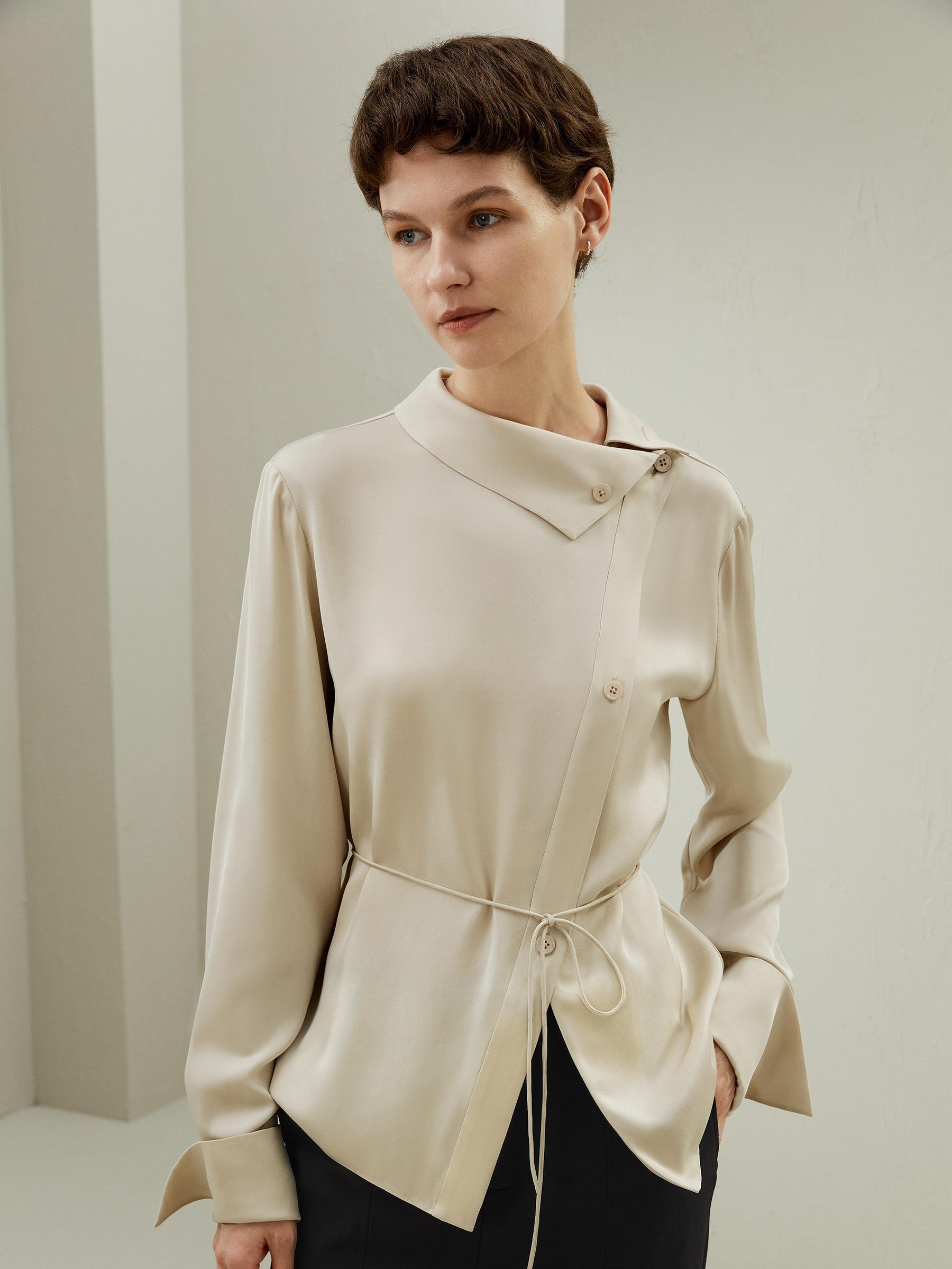 LILYSILK Asymmetrical Silk Shirt for Women Cream Pure Silk Simple Waist Tie Blouse S Product Image