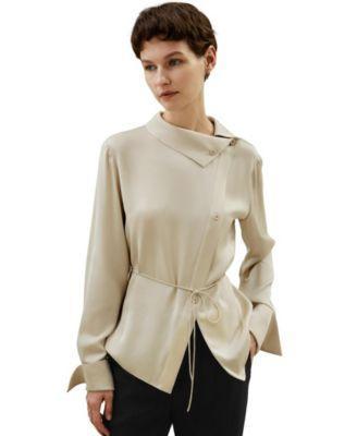 LILYSILK Asymmetrical Silk Shirt for Women Cream Pure Silk Simple Waist Tie Blouse S Product Image