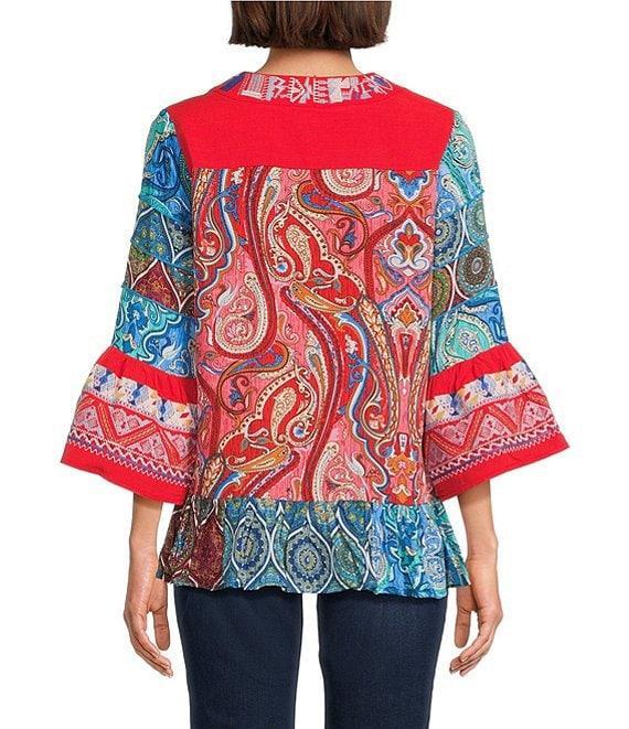Calessa Split V-Neck 3/4 Sleeve Embroidered Print Tunic Product Image