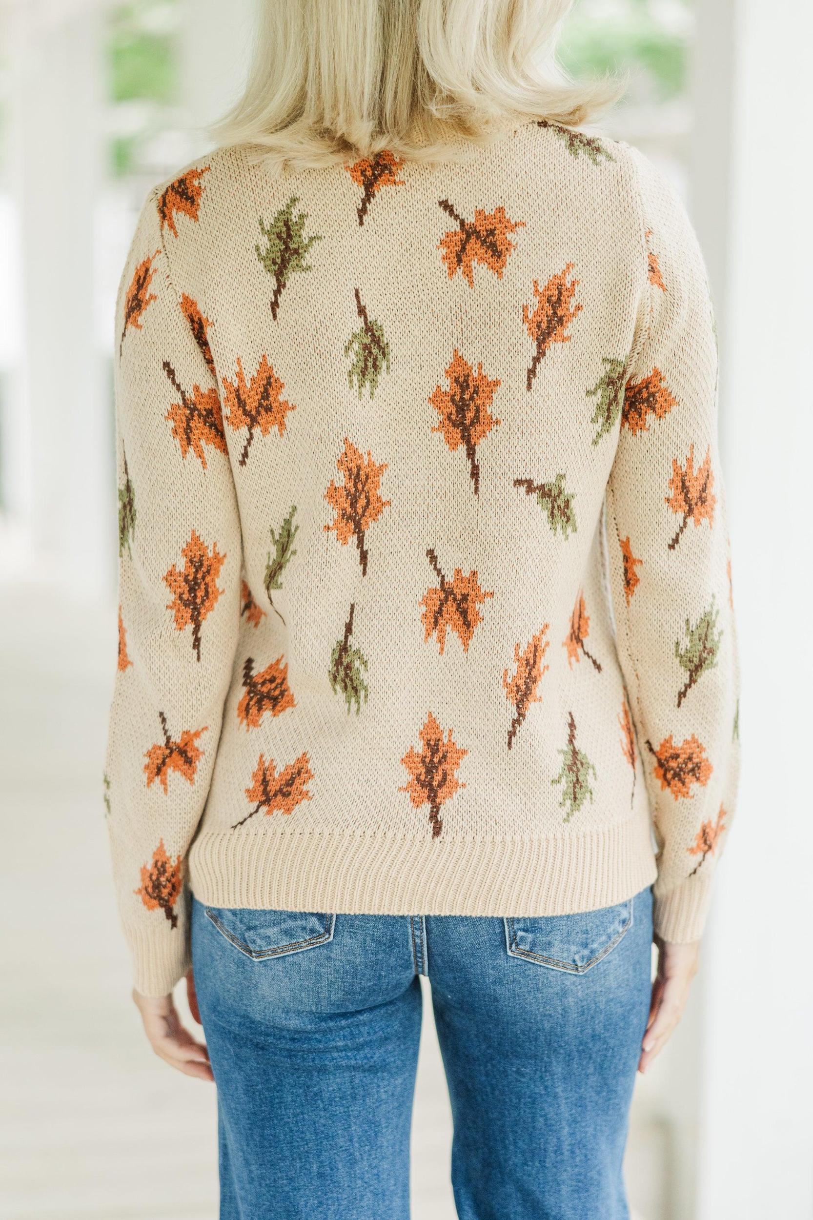 Take A Moment Taupe Leaf Print Sweater Female Product Image
