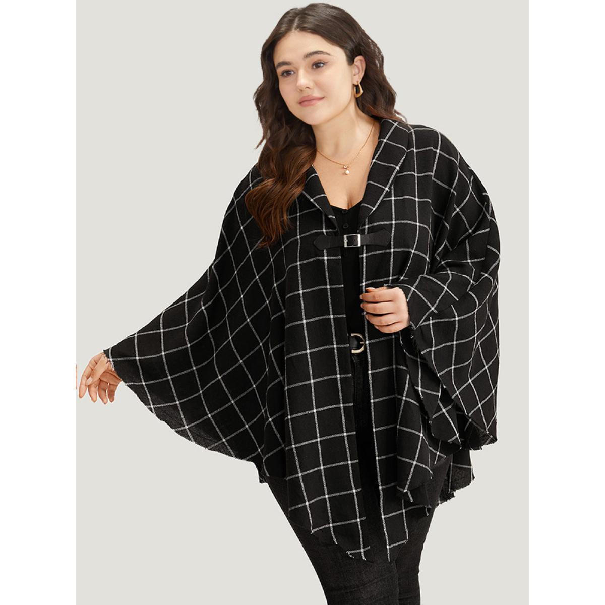 Plus Size Plaid Buckle Detail Cape Kimono Women Black Casual Contrast Loose Dailywear Kimonos BloomChic 26/4X Product Image